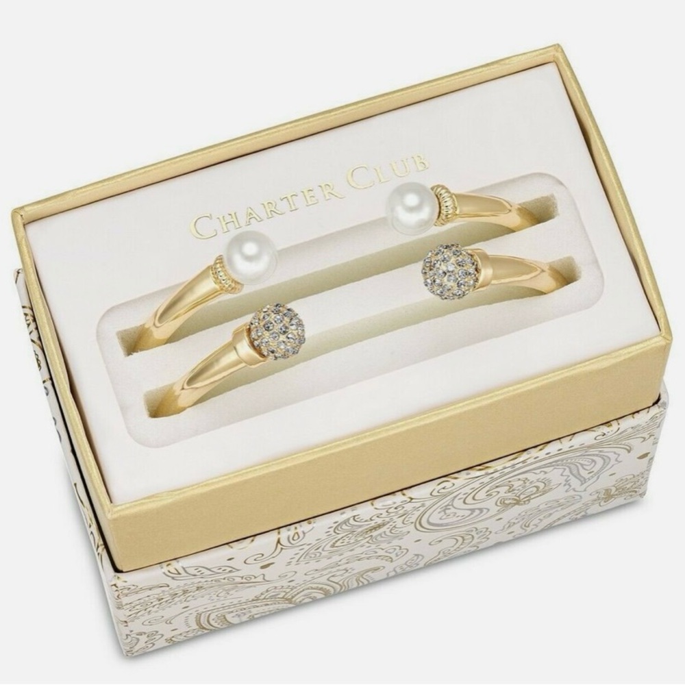NWT Charter Club Rose Gold Set Pave Bead and Imitation Pearl Cuff Bracelets